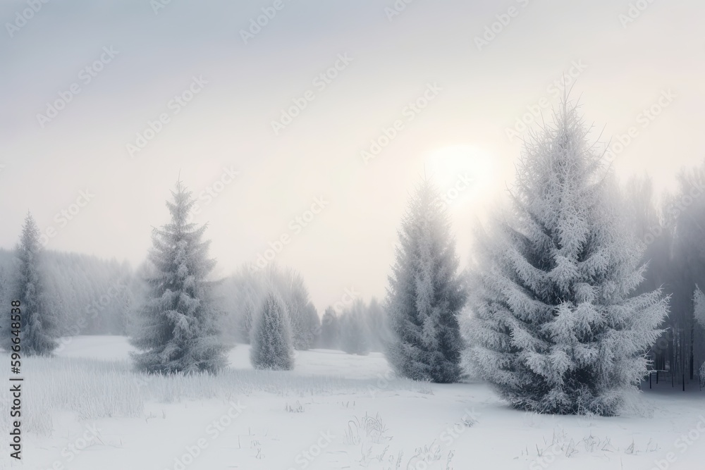 serene winter landscape with snow-covered field and trees in the background. Generative AI