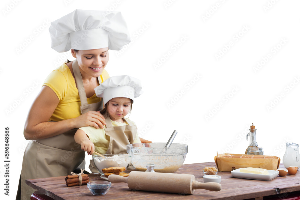 Happy mother and child daughter preparing food Happy mother and child daughter preparing food