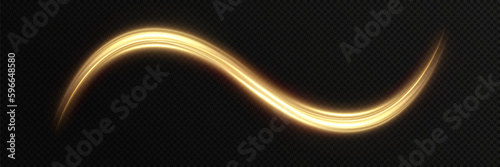 Golden glowing swirl. Light speed motion effect. Light trail. Shiny wavy path. Vector.