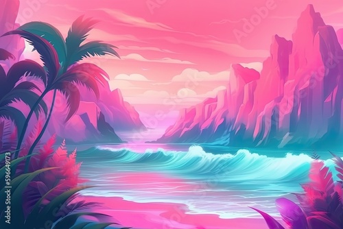 serene tropical landscape with towering palm trees. Generative AI