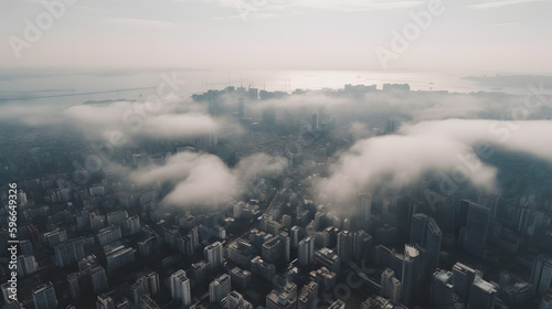 A breathtaking drone shot of a city from above the clouds, showing the hustle and bustle of city life from a unique and inspiring perspective