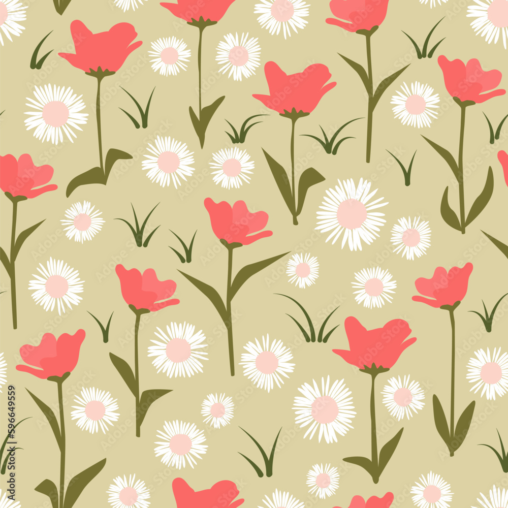 cute red flowers and white daisy flowers seamless vector pattern illustration on green background cute red flowers and white daisy flowers seamless vector pattern illustration on green background