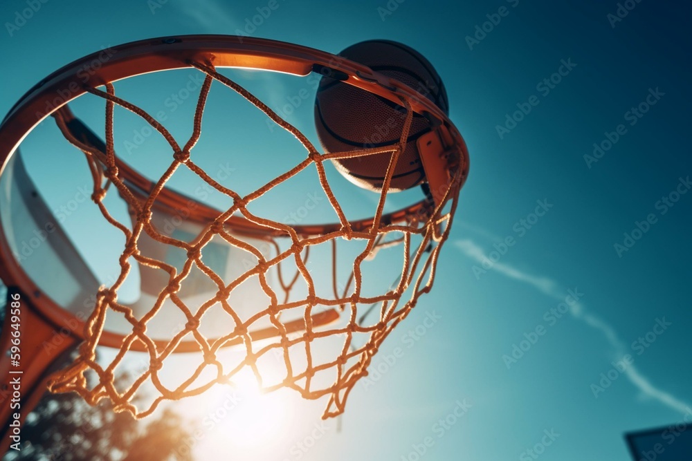 Orange basketball falls into hoop with blue sky background; success, scoring, winning with copy space. Generative AI