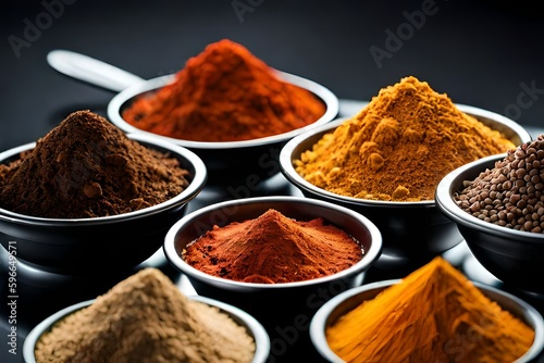 Spices and herbs powder on black background with copy space