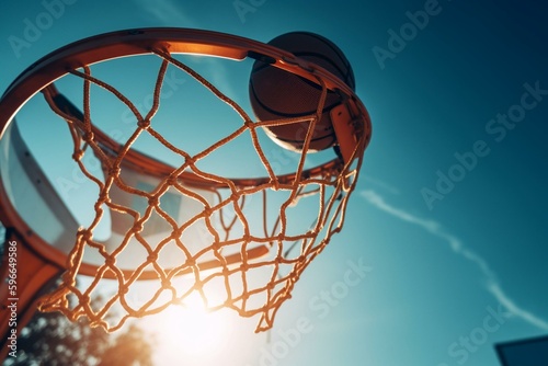 Orange basketball falls into hoop with blue sky background; success, scoring, winning with copy space. Generative AI
