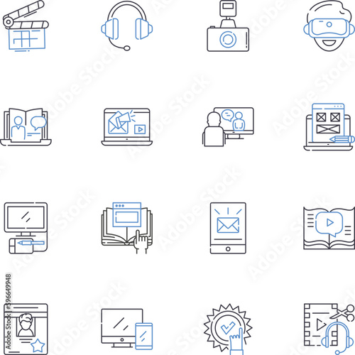 Journalism field line icons collection. News, Reporting, Investigative, Ethics, Integrity, Objectivity, Editorial vector and linear illustration. Source,Coverage,Scoop outline signs set Generative AI