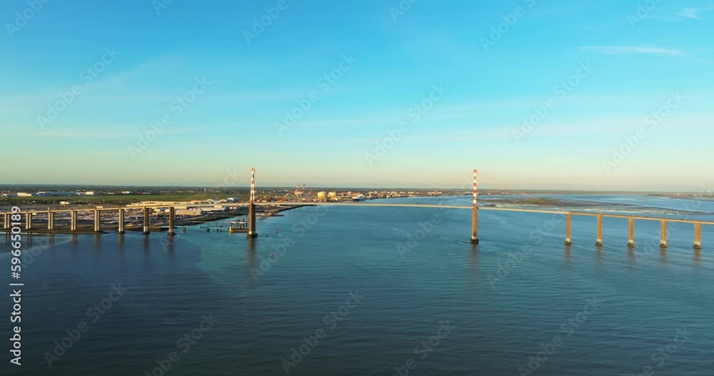 Aerial view of the Saint Nazaire Bridge a cable stayed bridge spanning the Loire river and linking Saint Nazaire and Saint Brevin les Pins, in the department of Loire Atlantique, Brittany, France Aerial view of the Saint Nazaire Bridge a cable stayed bridge spanning the Loire river and linking Saint Nazaire and Saint Brevin les Pins, in the department of Loire Atlantique, Brittany, France