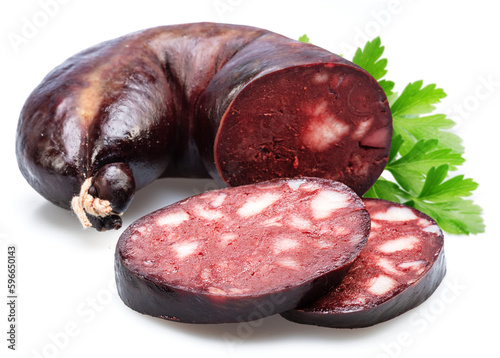 Blood sausage with suet pieces and parsley leaf isolated on white background. photo