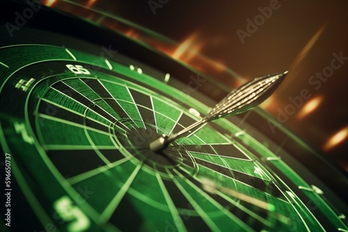 3D illustration of green arrow targeting success on dartboard. Business achievements concept. Generative AI