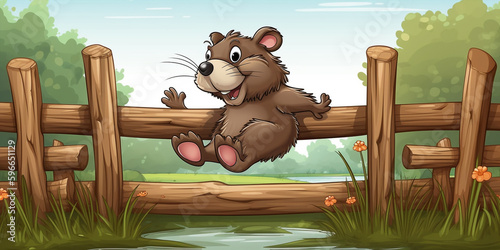 Cute Cartoon Style Beaver jumping Over A Wooden Fence Generative Ai Digital Illustration Part#260423