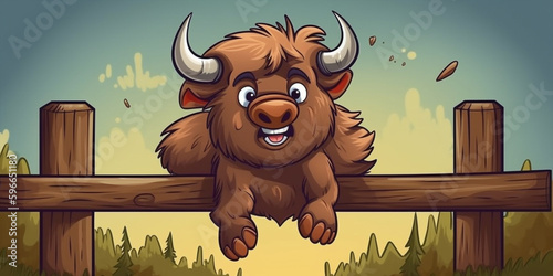 Cute Cartoon Style Bison Jumping Over A Wooden Fence Generative Ai Digital Illustration Part#260423