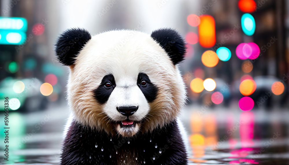 Panda bear in the rain lies on the soaked asphalt in the center of the metropolis. Generative AI. Panda bear in the rain lies on the soaked asphalt in the center of the metropolis. Generative AI.
