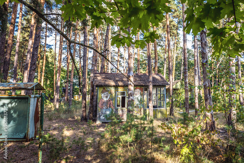 Old cottage in Emerald abandoned summer camp in Chernobyl Exclusion Zone, Ukraine