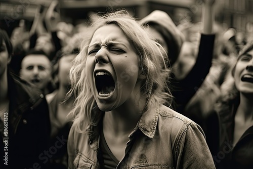 A woman screams in the crowd, her expression conveying intense emotion and urgency. Generative AI