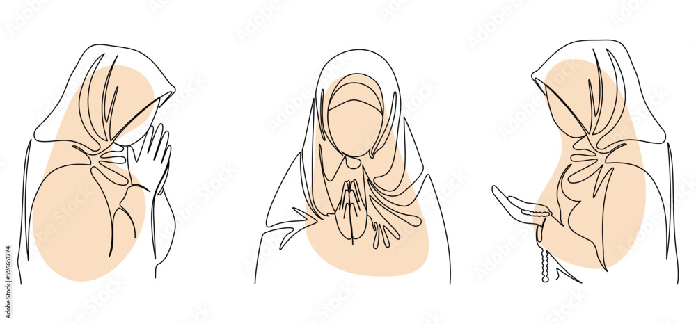 Muslim arab woman praying. A girl in a scarf, praying. Logo one line womens hijab scarf. Hijab vector illustration set.