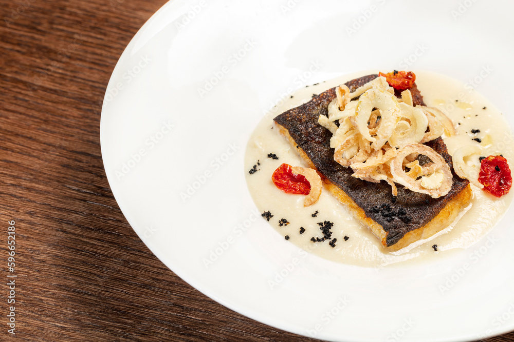 Sturgeon steak with mashed potatoes Sturgeon steak with mashed potatoes