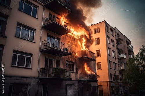 fire in the apartment. flames engulf an apartment in a multi-story building. Generative AI