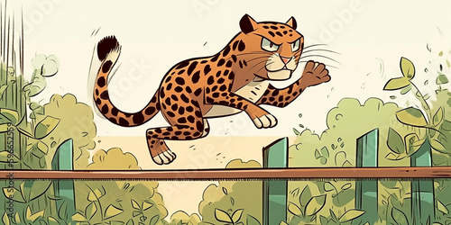 Cute Cartoon Style Jaguar Jumping Over A Wooden Fence Generative Ai Digital Illustration Part#260423