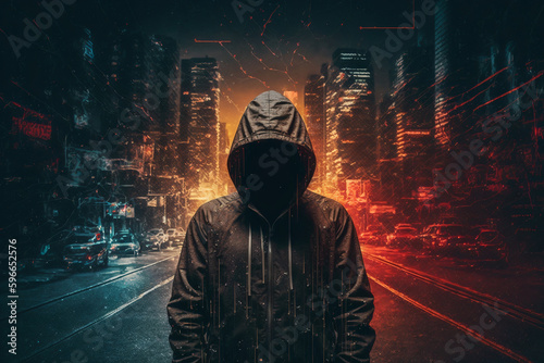 Hacker a midnight stroll through a dark city.