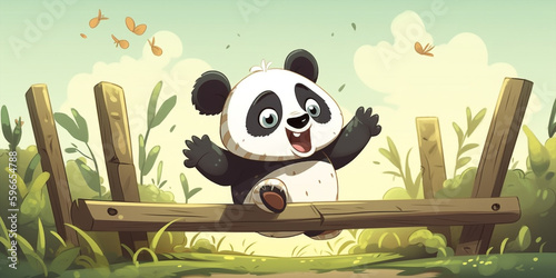 Cute Cartoon Style Panda Jumping Over A Wooden Fence Generative Ai Digital Illustration Part#260423