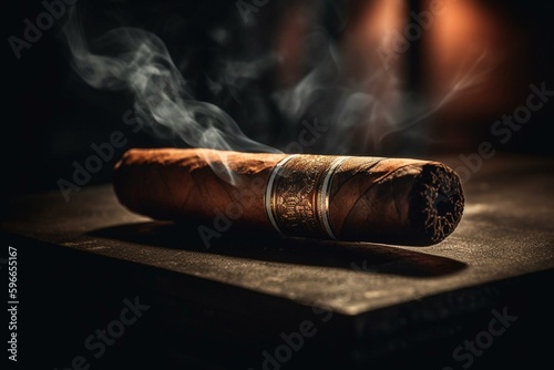 A close-up of a Cuban cigar with smoke, highlighted by atmospheric light and background details. Generative AI © Meliora
