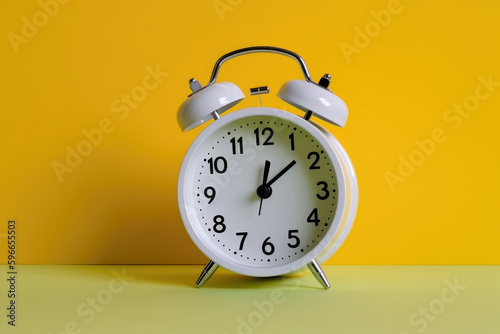 White alarm clock on the floor with a bright yellow back