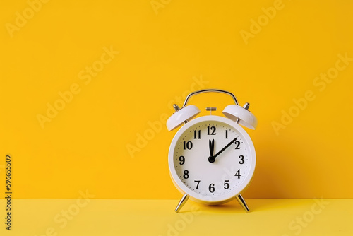 White alarm clock on the floor with a bright yellow back