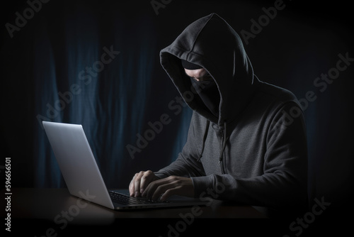 Hacker with laptop initiating cyber attack