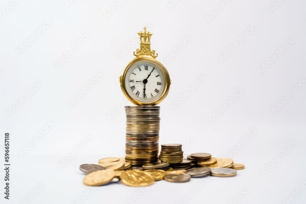 Clock and coin tower on white background Clock and coin tower on white background