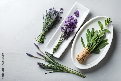 Flat lay rosemary  lavender and mint isolated on white background with copy space