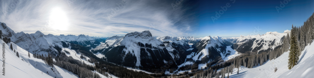 Fototapeta premium Scenic winter mountain landscape in Alps with aerial panoramic view