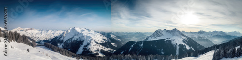 Scenic winter mountain landscape in Alps with aerial panoramic view