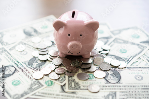 Pink piggy bank on banknote background