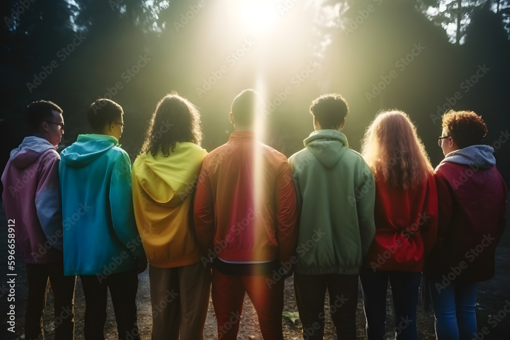 Back view of group of in colorfull clotes diverse race people hugging ...