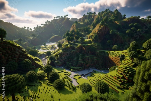 Landscape of a flat terrain in Minecraft. Generative AI