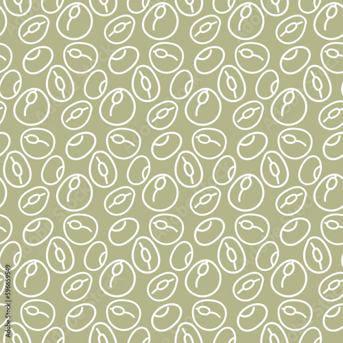 A pattern with a contour pattern of beans. The symbol is a bean doodle on a green background. Printing on textiles and paper background for vegetable milk. Packaging with legumes