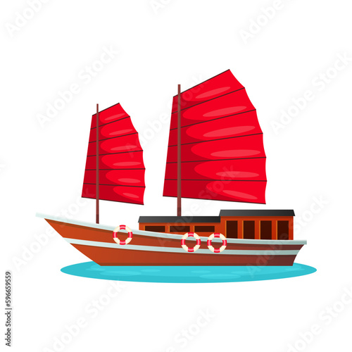 Junk boat. Cartoon illustration of a traditional chinese boat isolated on a white background. Vector 10 EPS.