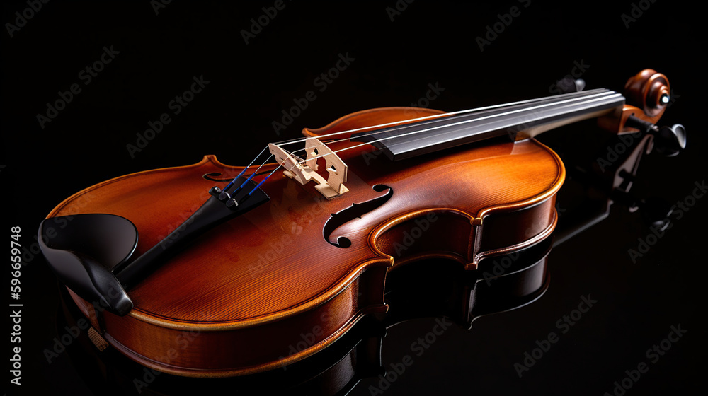 Fototapeta premium Violin with bow isolated on black background with clipping path, generative ai