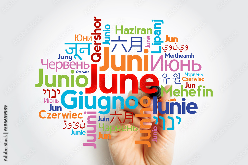 June in different languages of the world, word cloud concept background June in different languages of the world, word cloud concept background
