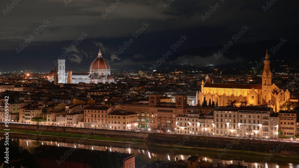 Long exposure panorama of Florence illuminated, at dusk