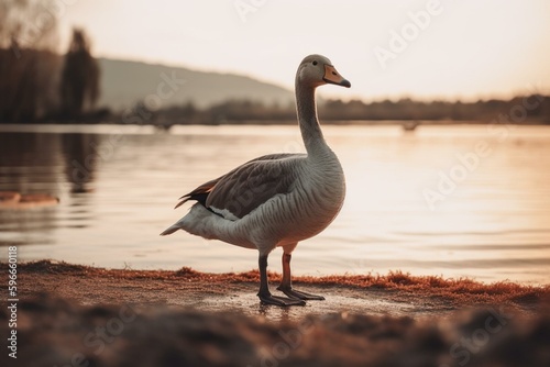 Golden hour goose at the lake in nature, viewed from the side and isolated. Generative AI