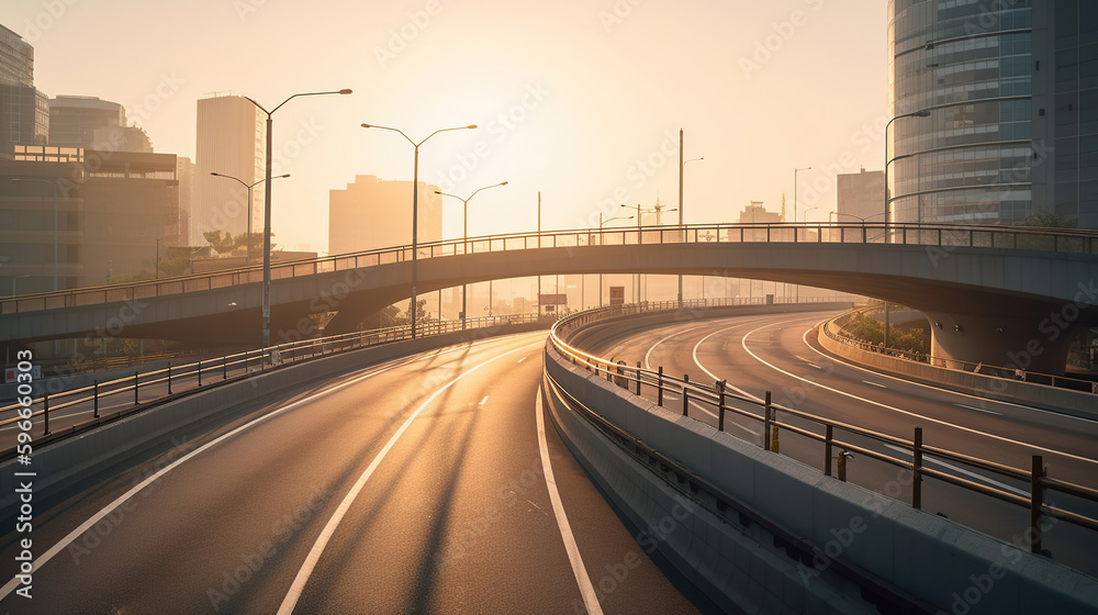Obraz premium Curved ramp of a highway over streets at sunrise with illumination and passing road traffic, generative ai