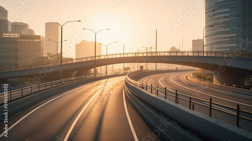 Curved ramp of a highway over streets at sunrise with illumination and passing road traffic  generative ai