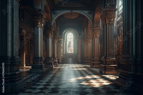 Gothic-style hall with imposing columns rendered in 3D. Generative AI