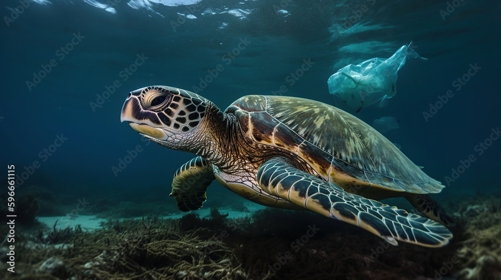 Plastic Pollution In Ocean - Turtle swim side Plastic Bag - Environmental Problem, generative ai