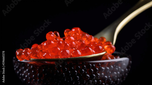 Red Caviar in a spoon. Caviar in bowl over black background. Close-up salmon caviar. Delicatessen. Gourmet food, isolated on black, generative ai