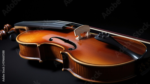 Classic violin and bow on black background, generative ai