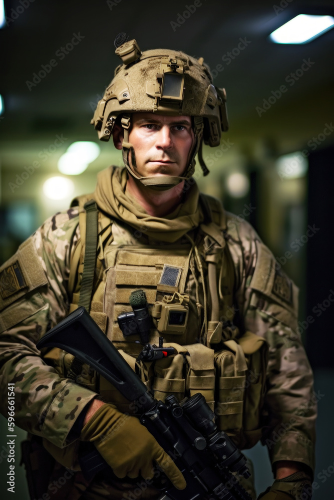 A determined 35-year-old soldier, fully geared up in a training facility, displays strength and readiness for the challenges ahead. Generative AI