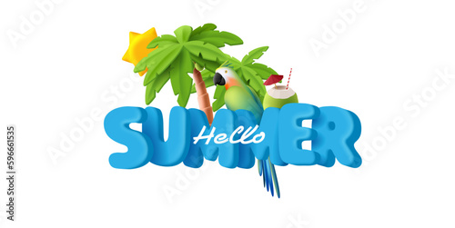 Hello summer 3d render composition with big typography and palm trees with coconut cocktail and budgie with sun
