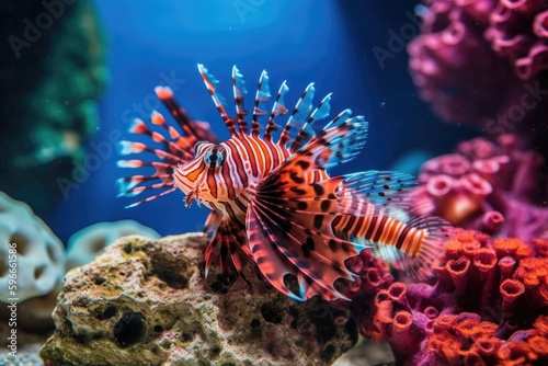 colorful lionfish swimming in an aquarium surrounded by coral and seaweed. Generative AI
